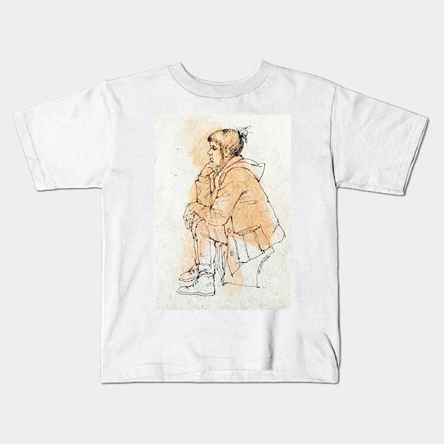 Girl in a duffel coat ~ink drawing Kids T-Shirt by rozmcq